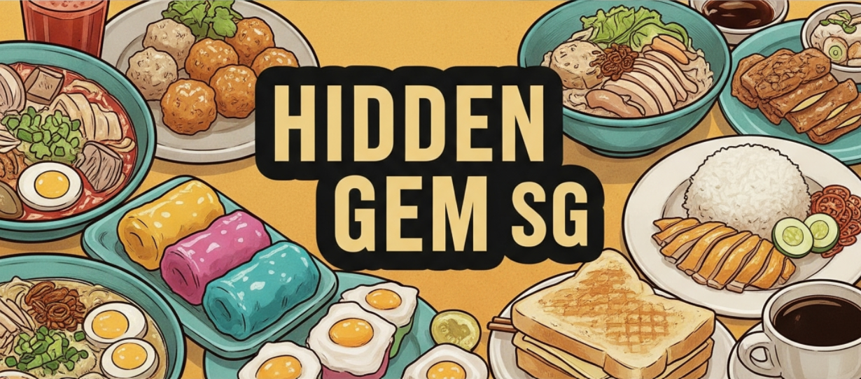 A vibrant banner for Hidden Gem SG featuring illustrations of various delicious Singaporean dishes.