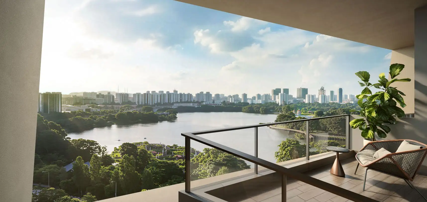 The view east from a balcony over the lake