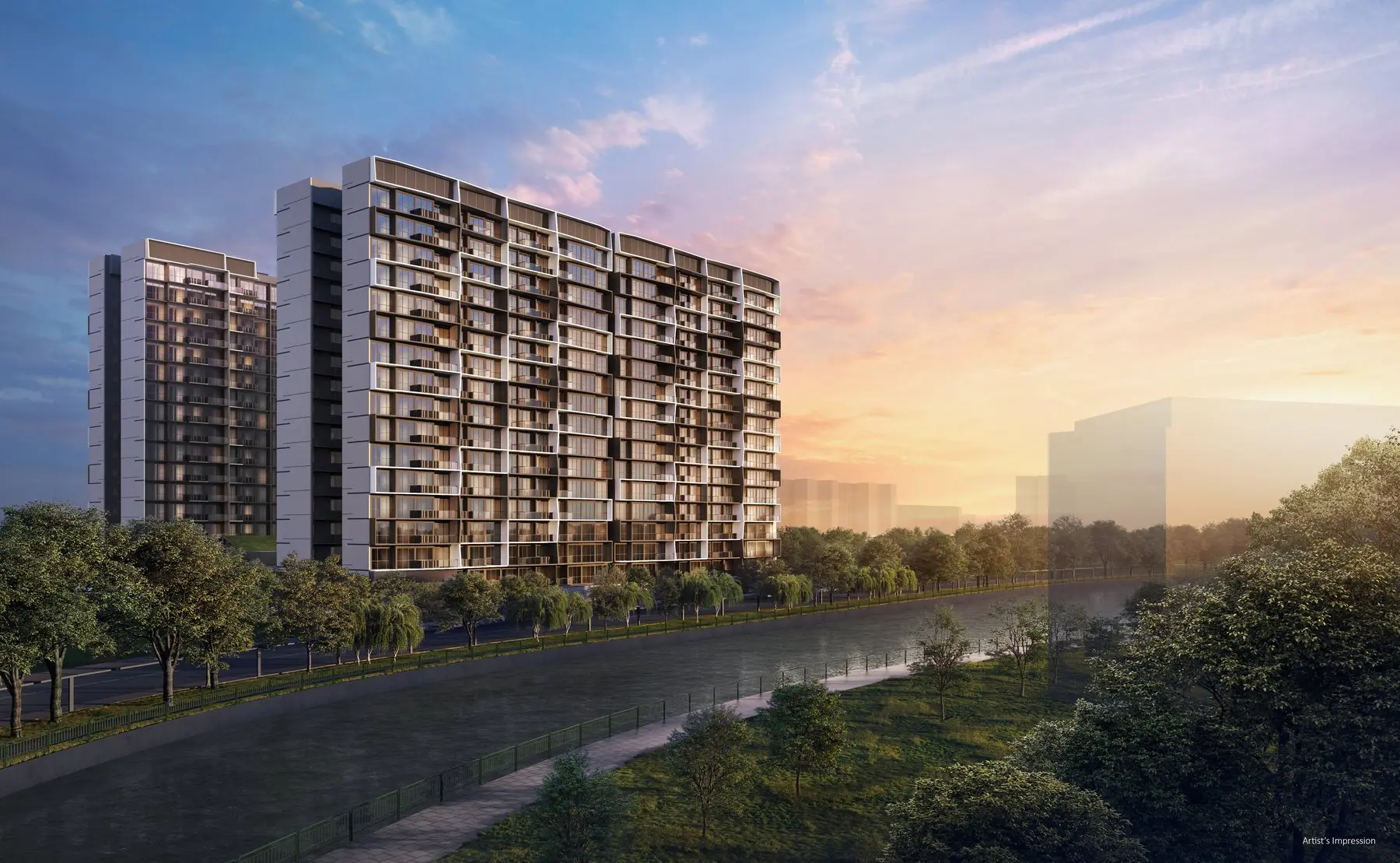 Lucerne Grand's five blocks along the Jurong River at dusk, the developer's artist's impression