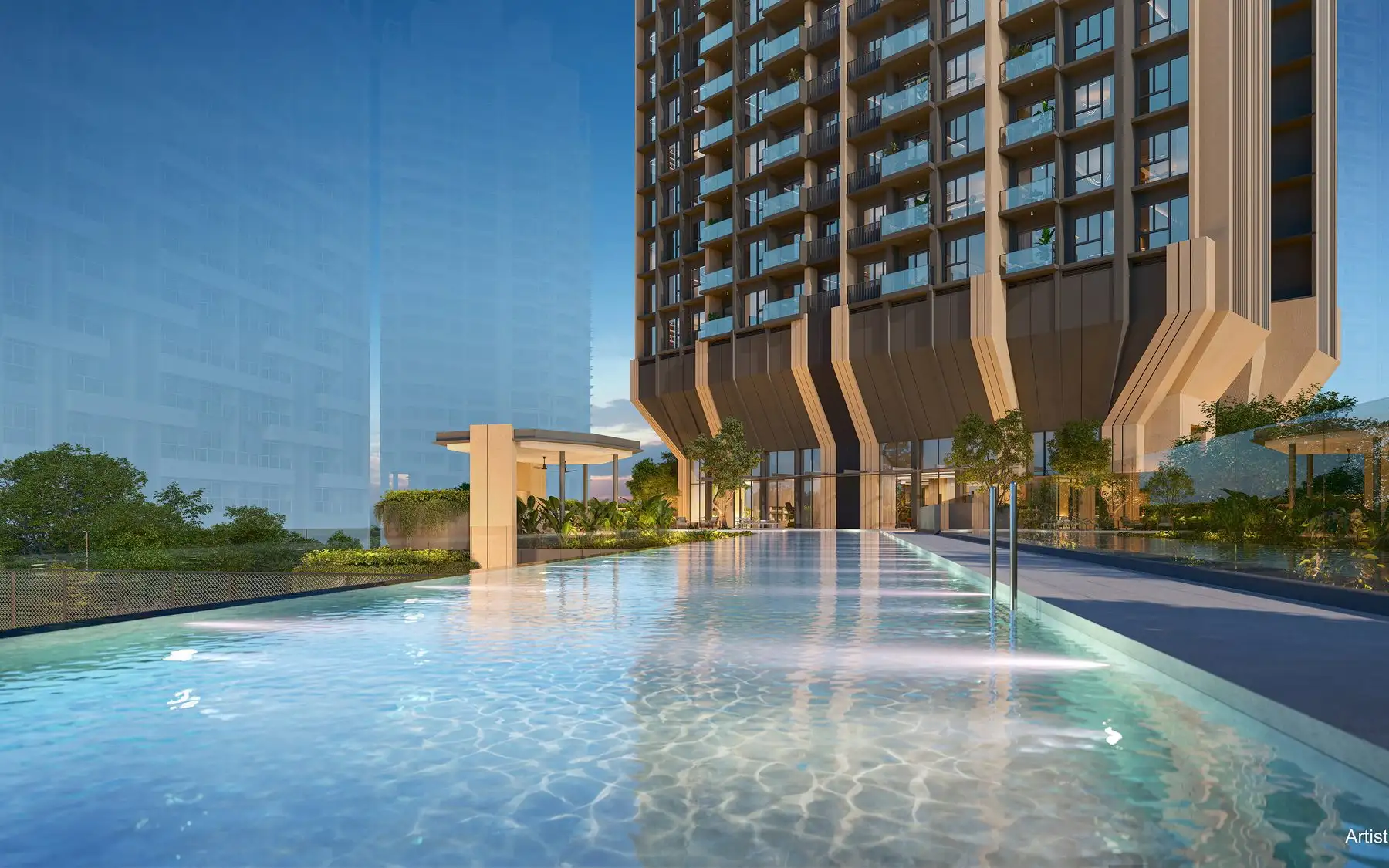 The 50 m lap pool on the third floor at dusk
