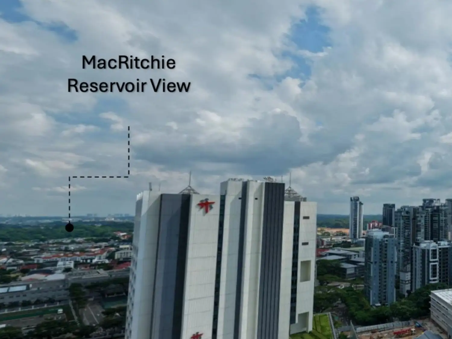 A photograph north from the 22nd storey, over Tan Tock Seng Hospital to MacRitchie on the green horizon