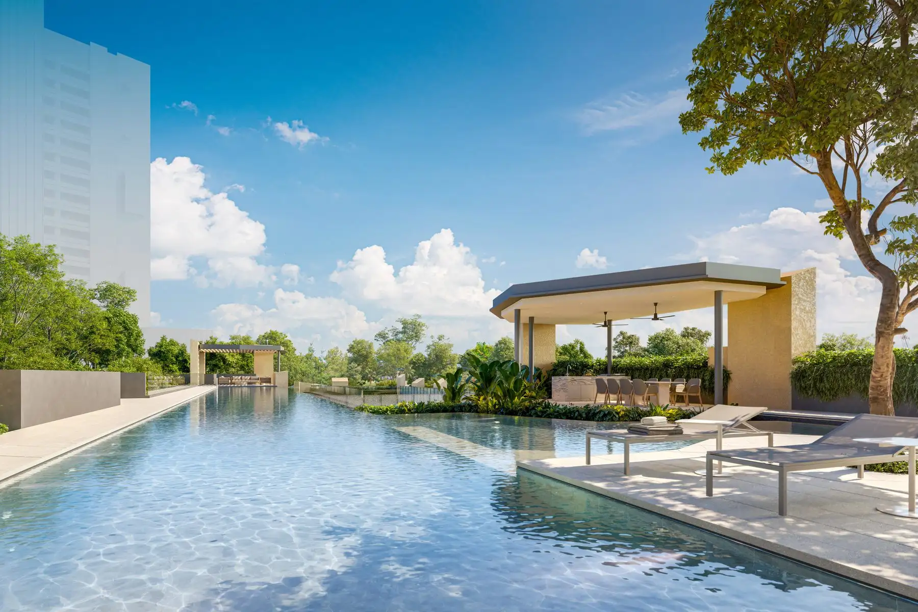 The pool deck and the pavilion beside the lap pool