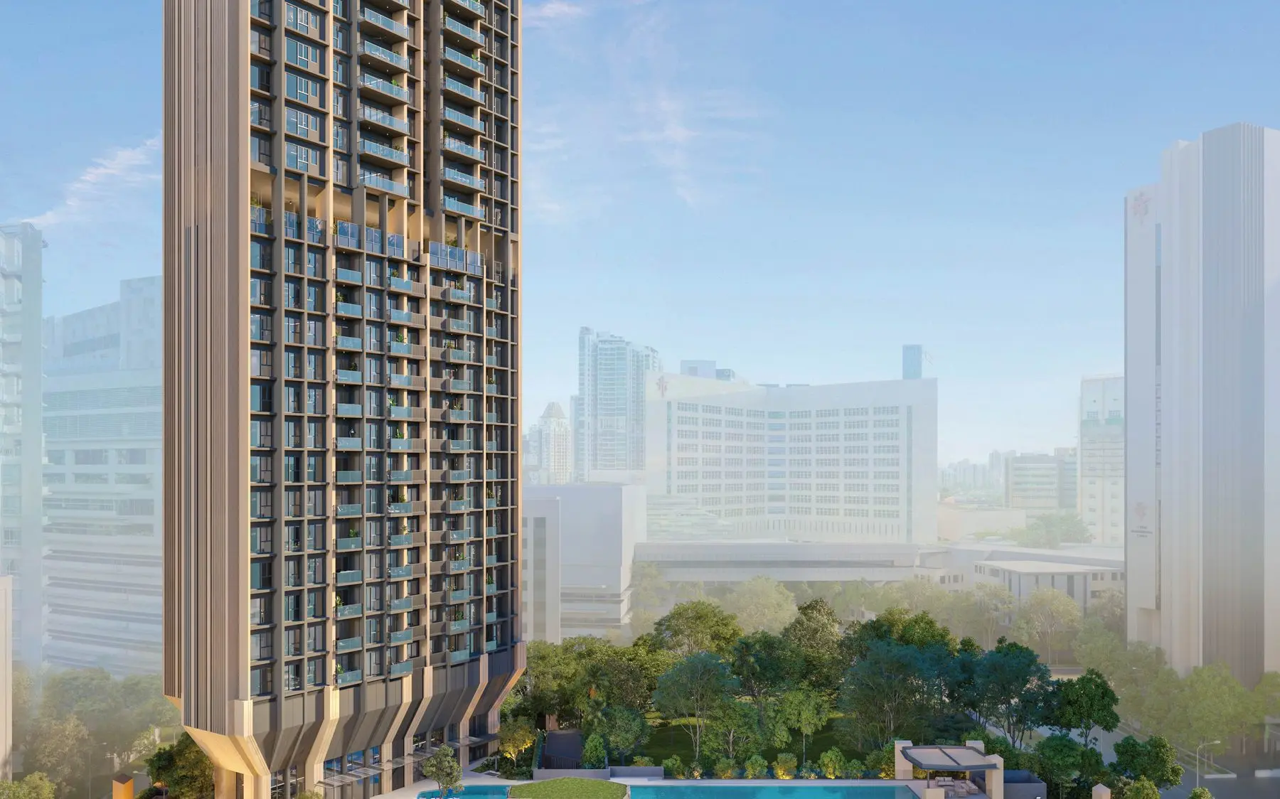 The Serra Residences, the 28-storey tower over its pool and arrival court, the developer's artist's impression