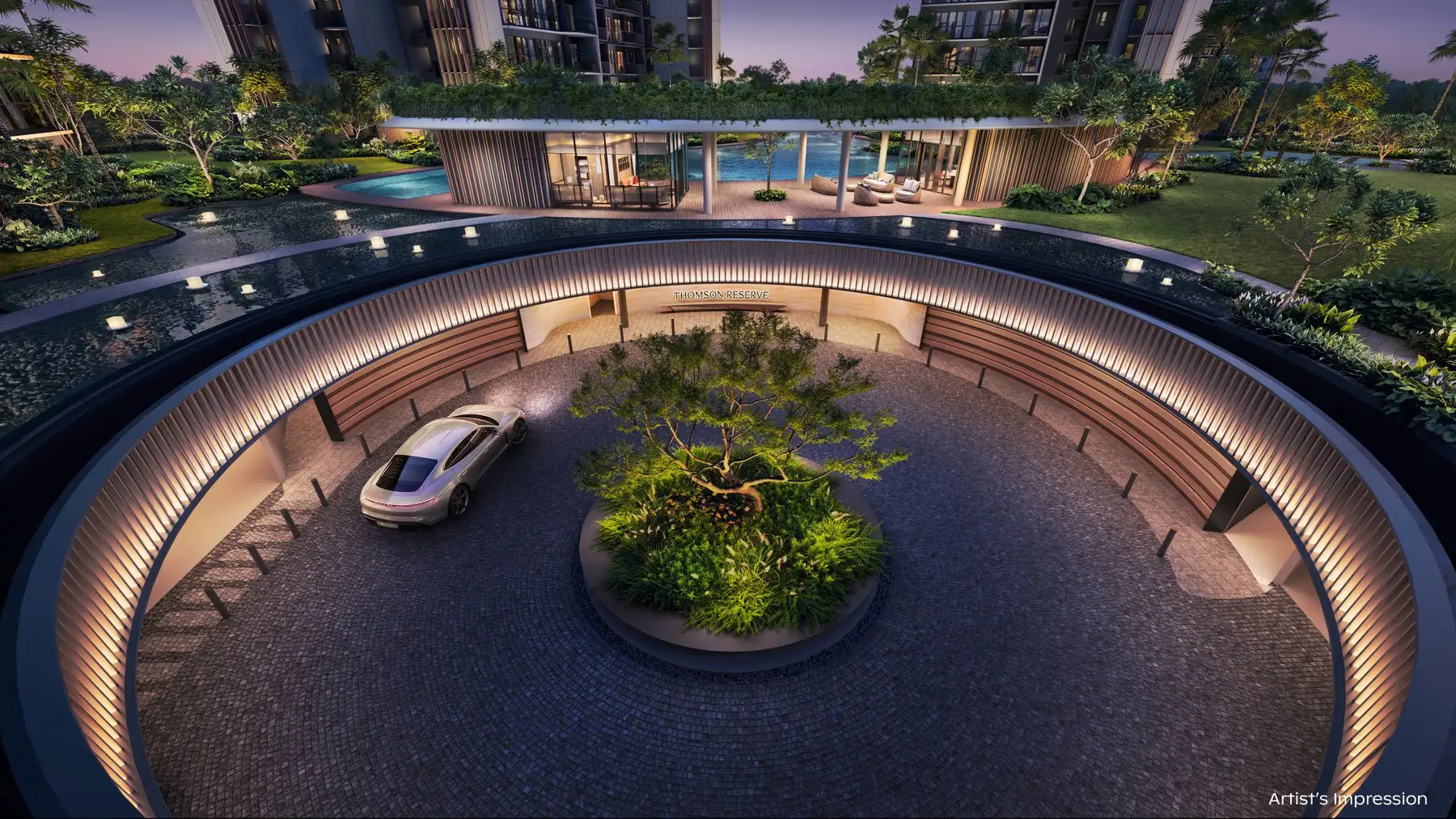 The grand arrival court at dusk