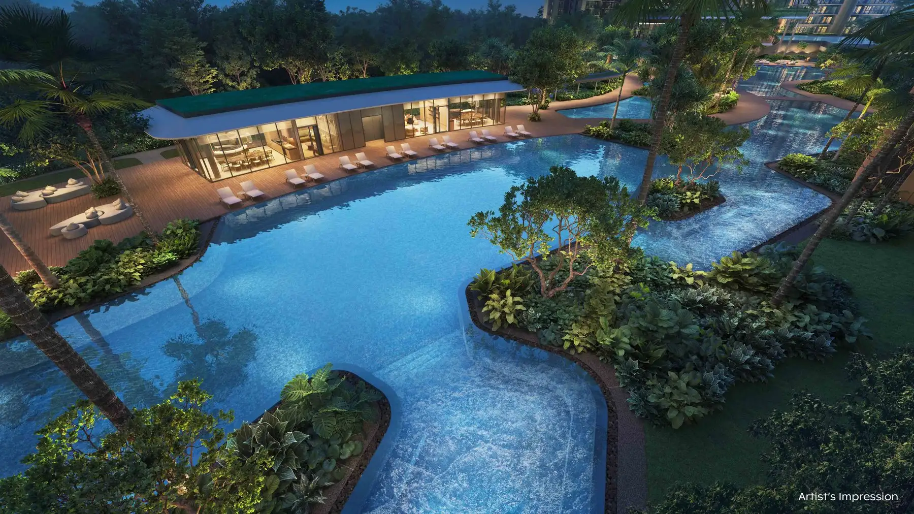 The 50 m canopy lap pool at dusk