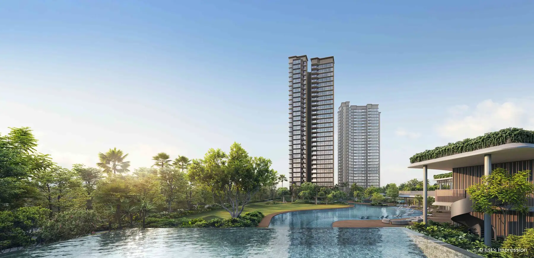 The 50 m infinity lap pool with the towers behind