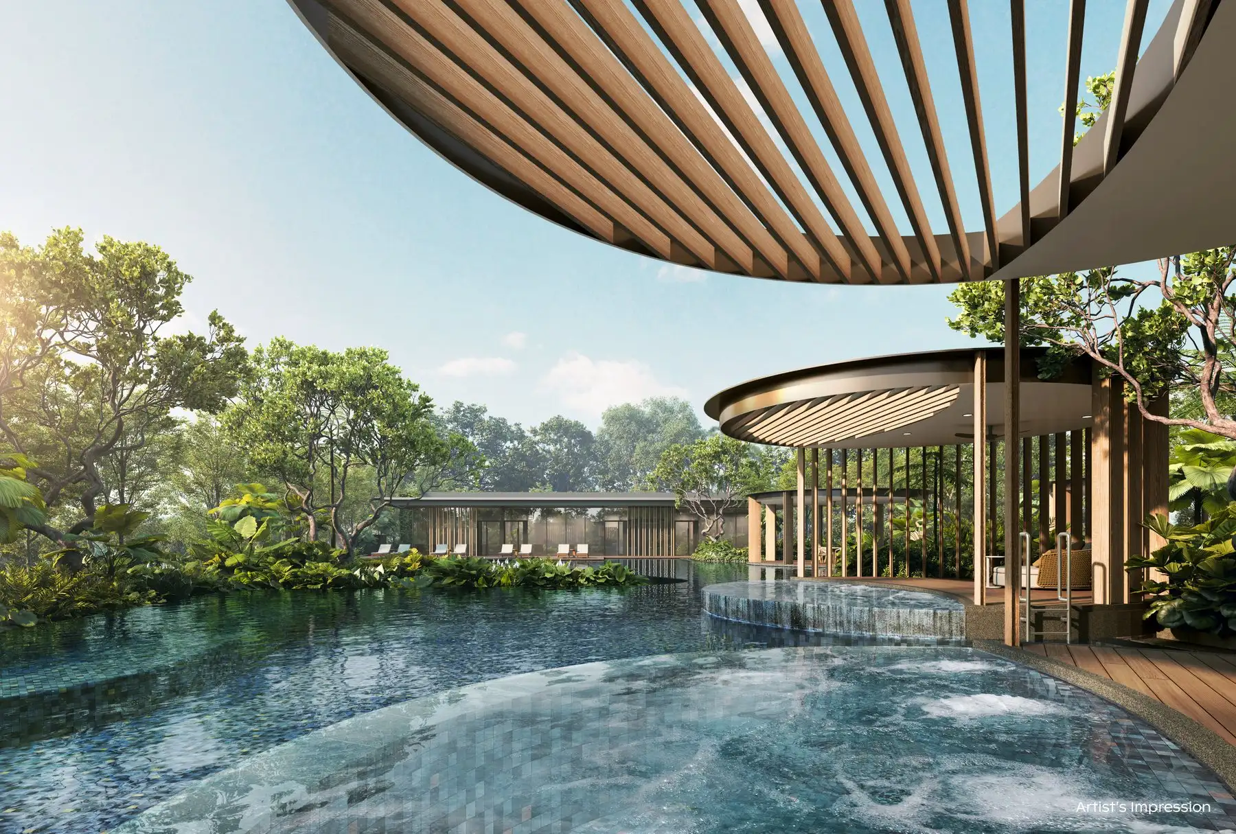 The hydro spa under its timber canopy