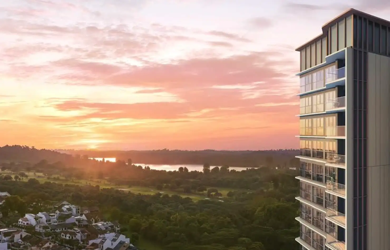 Sunset over the forest and the reservoir, seen from beside one of the towers, artist's impression